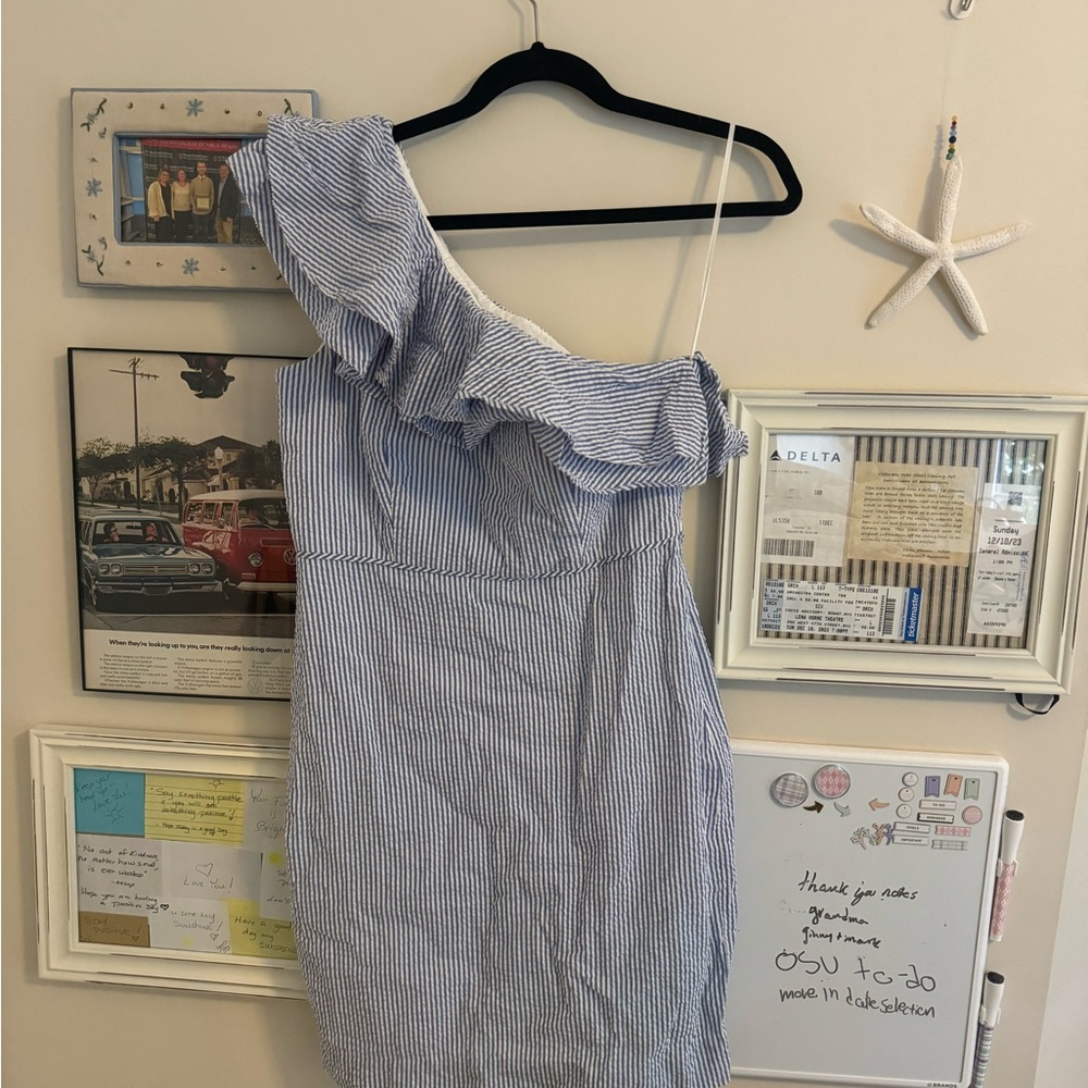 J. Crew size 8 petite women’s one shoulder sea sucker striped dress